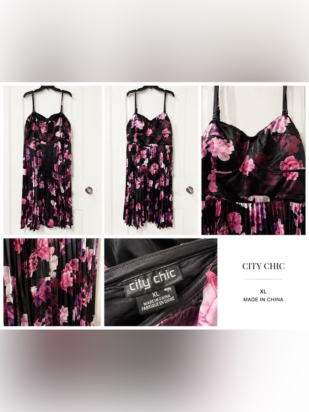 City Chic Plus Size XL/22 Black Pink Floral Pleated Midi Dress Wedding Guest